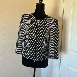 Joseph Ribkoff Black and White Zipper Blouse with Chevron Pattern